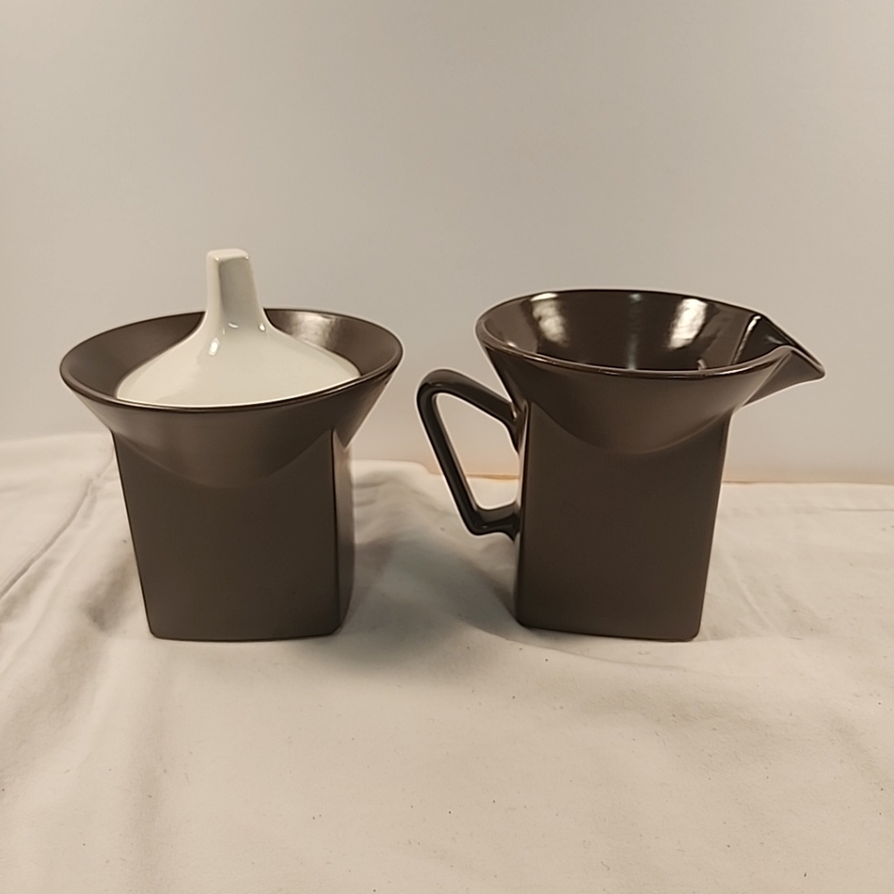 Vtg JOHNSON BROS TROPEZ Cream & Sugar Lid Set MCM Square Shape Brown Cream RARE - Picture 8 of 16